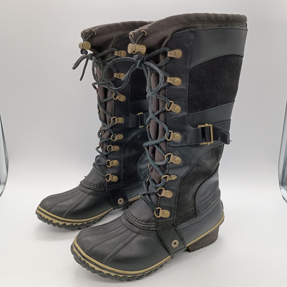 Sorel Conquest Carly Black Leather Rubber Tall Boots Womens 6.5 Rain Winter - Picture 5 of 14